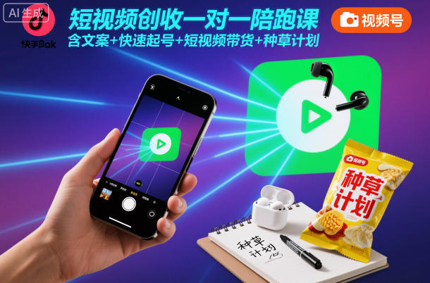 短视频创收一对一陪跑课，含文案+快速起号+短视频带货+种草计划-项目创薪