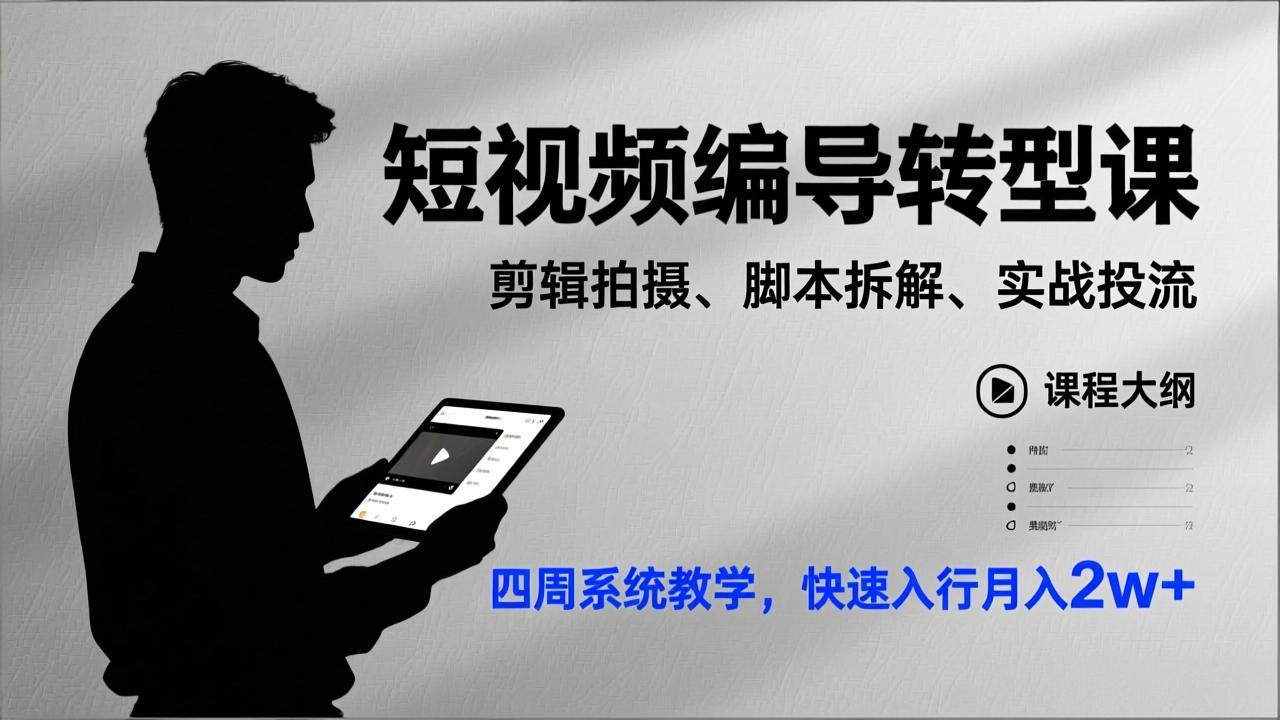 短视频编导转型课，剪辑拍摄、脚本拆解、实战投流，四周系统教学，快速入行月入2w+-项目创薪