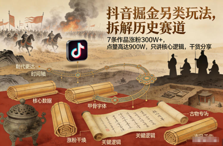 抖音掘金另类玩法，拆解历史赛道，7条作品涨粉300W+，点赞量高达900W，只讲核心逻辑，干货分享-项目创薪
