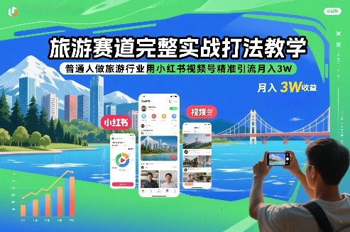 旅游赛道完整实战打法教学，普通人做旅游行业用小红书视频号精准引流月入3W-项目创薪