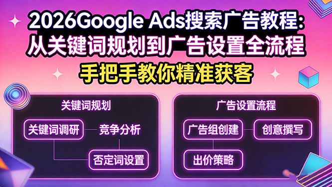 2026Google Ads搜索广告教程：从关键词规划到广告设置全流程，手把手教你精准获客-项目创薪