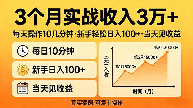 3个月实战收入3万+，每天操作10几分钟，新手轻松日入100+，当天见收益-项目创薪