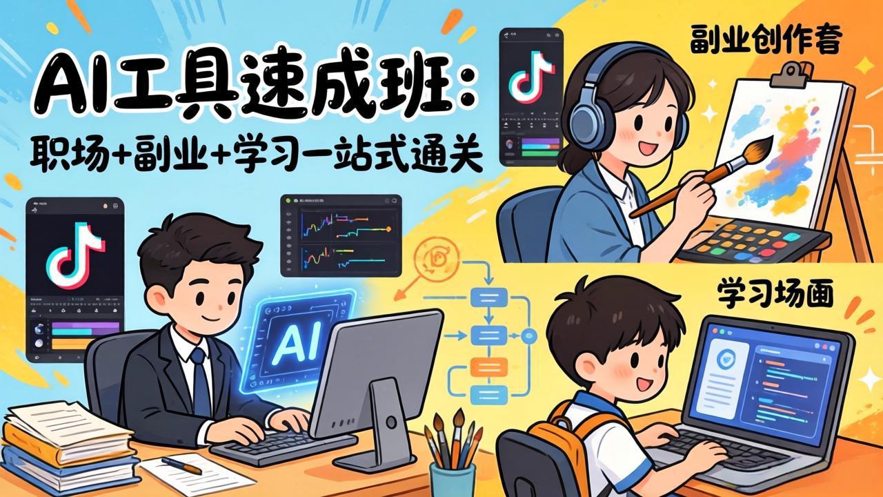 AI工具速成班：职场+副业+学习一站式通关，20+爆款类型+剪映技巧+抖音算法，0基础快速上手-项目创薪