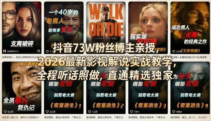 抖音73W粉丝博主亲授，2026最新影视解说实战教学，全程听话照做，直通精选独家-项目创薪