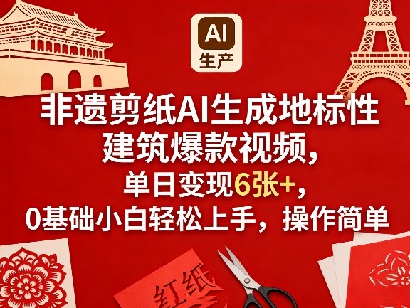 非遗剪纸AI生成地标性建筑爆款视频，单日变现6张+，0基础小白轻松上手，操作简单-项目创薪