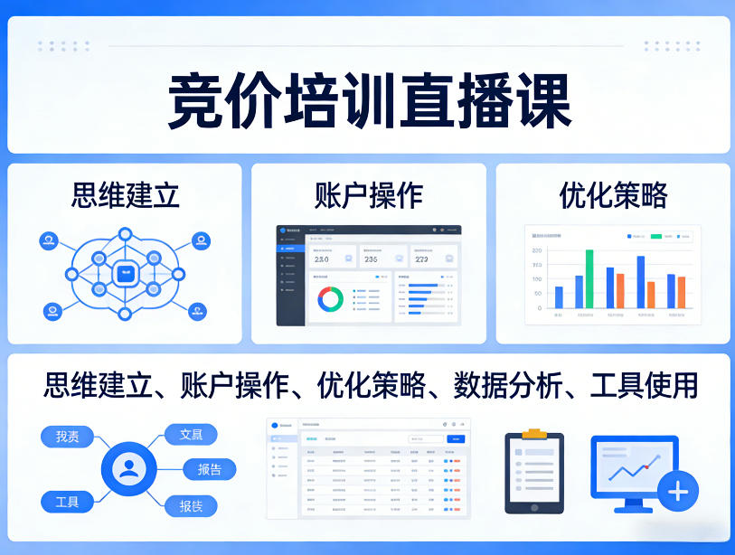 竞价培训直播课，覆盖思维建立、账户操作、优化策略、数据分析、工具使用等，全方位提升效果-项目创薪