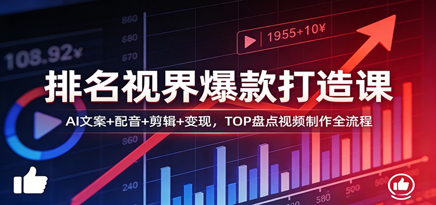 排名视界爆款打造课：AI文案+配音+剪辑+变现，TOP盘点视频制作全流程-项目创薪
