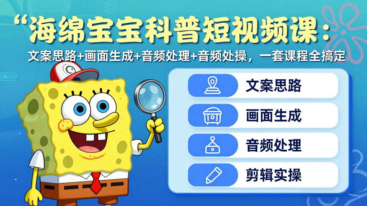 海绵宝宝科普短视频课：文案思路+画面生成+音频处理+剪辑实操，一套课程全搞定-项目创薪