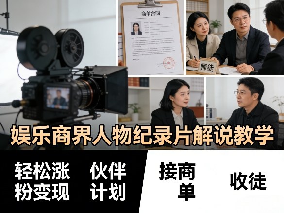 娱乐商界人物纪录片解说教学，轻松涨粉变现，伙伴计划，接商单，收徒等-项目创薪